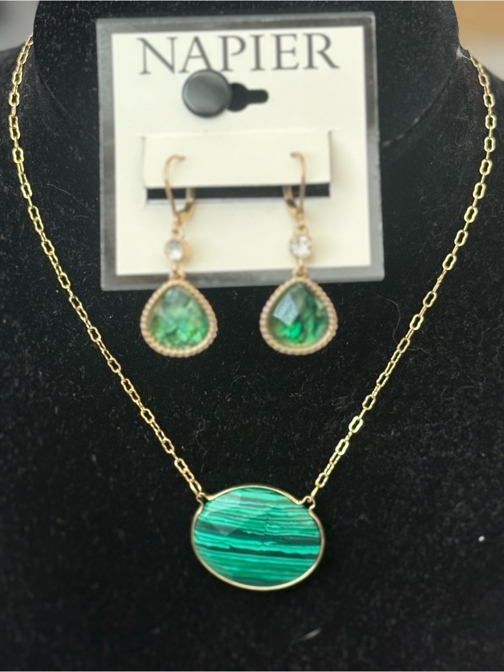 Napier Gold-tone Necklace and Drop Earrings with Green Striped Stones